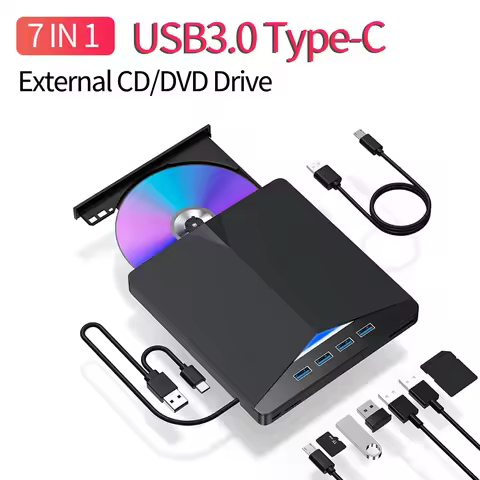 7 In 1 USB3.0 Type-C External CD/DVD Drive CD ROM Burner High-Speed CD DVD Burner Reader Player Slim