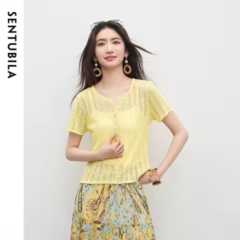 SENTUBILA Women's Yellow Knit Cardigan 2026 Summer Linen Lyocell Crew Neck Short Sleeve Elegant Tops
