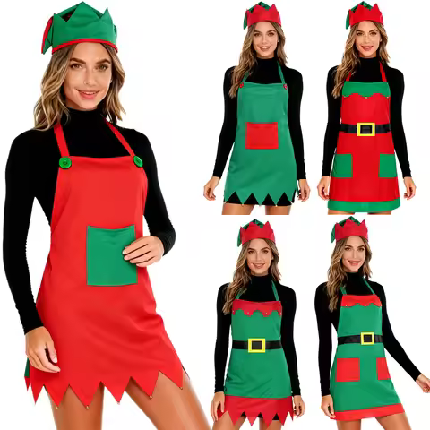 Christmas Santa Elf Apron Red Green Lace-up Chef Kitchen Cooking Baking Painting Aprons with Hat Xma