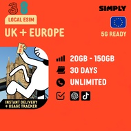 SIMPLY [eSIM] UK + Europe | 3UK, EE, CTE | 30 Days | 40GB - Unlimited Data | Local UK/EU eSIM