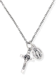 Silver Oxidized Italian Crucifix and Mary Mini Miraculous Medal Necklace on 16" Stainless Steel Chai