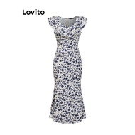 Lovito ชุดเดรสผู้หญิง มีจีบ กระดุมหน้า สีพื้น สไตล์โมเดส LNE57343 12.10