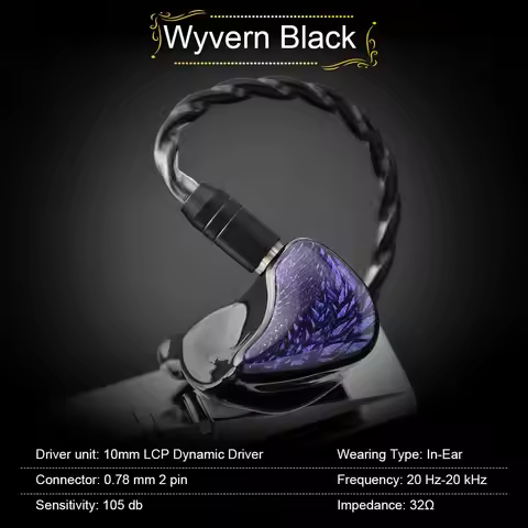 Kinera Celest Wyvern Black HiFi Music Earphones 10mm LCP Dynamic Driver Earbuds with Detachable 2-pi