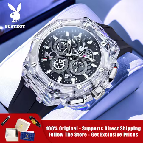 PLAYBOY 3082 Brand Original Authentic Watches for Man Luxury Plastic Case, Silicone Strap, Multifunc