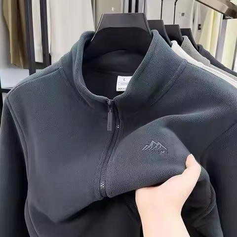 Thickened Fleece Zipper Stand Collar Open Cardigan Jacket for Men Warm Outdoor Camping Travel Clothi