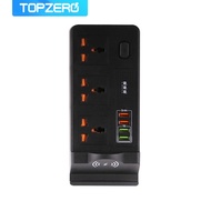 TOPZERO 2500W Universal 3 Outlet Surge Protector 10W wireless Charging QC3.0 IQ USB Port Extension C