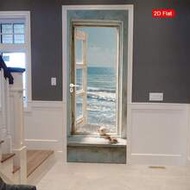 1 Pair Ocean View Wall Art Door Decals, Removable Self-Adhesive Coastal Window Door Wallpaper, Shell
