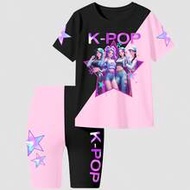 2pcs/Set Girls Casual Streetwear K-Pop Star Letter Print T-Shirt And Shorts Set,Soft Comfortable Bla