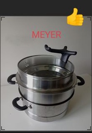 美亞 不銹鋼蒸鍋套裝 MEYER  8.5L  28cm 連直立式玻璃煲蓋 和 兩個蒸隔 配合不同需要   同一時間蒸飯餸 蒸魚 蒸雞冇難度 更可以 煲粥 火鍋  蒸糕點 蒸蘿蔔糕 芋頭糕 年糕  企
