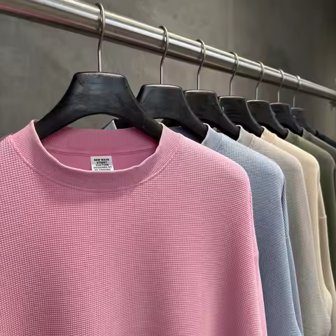 Retro Autumn Men Boxy Washed 280gsm Waffle T-Shirt Unisex Distressed Classic O Neck Long Sleeve T Sh