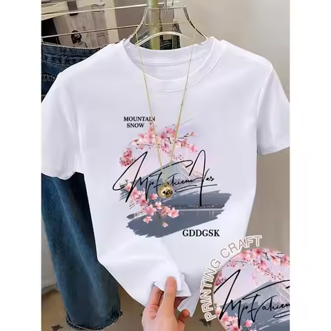 【Spot goods】SHEIN Women's Summer Letter Print Short Sleeve Casual Regular Crew Neck T-Shirt
