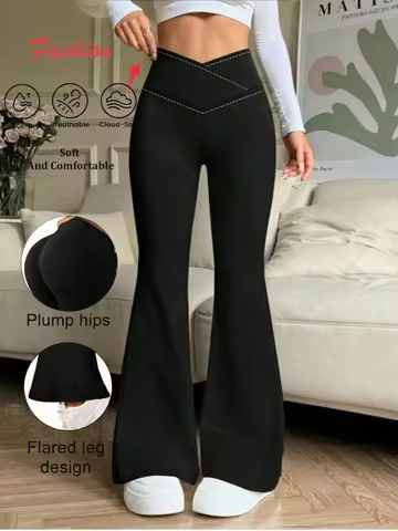Retro V Cross High Waist Flare Leggings Black Women Soft Cloud-Skin Yoga Pants Butt Lifting Casual S