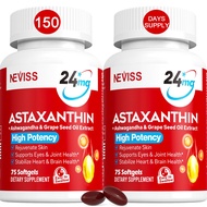 Astaxanthin Supplements 24mg, 5 Month Supply - Coconut MCT Oil, Fresh Microalgae Source w/Grape Seed