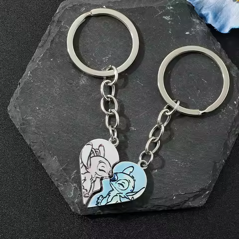 2pc Disney Stitch Angel Couple Heart Shaped Keychain Cartoon Character Love Jewelry Accessory for Wo