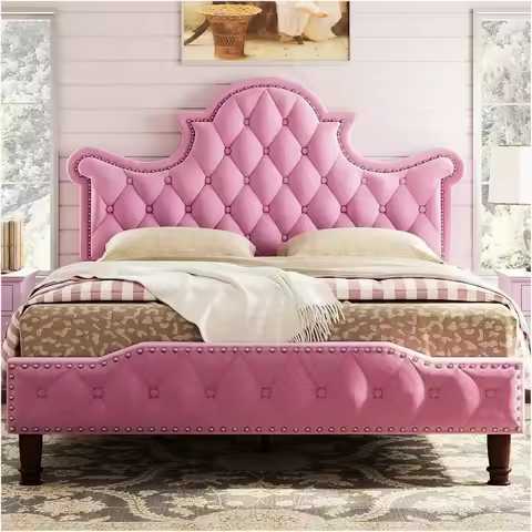 Queen Size LED Bed Frame, Queen with 58" Tall Tufted Headboard, Sturdy and Noiseless, Cream Bed Fram