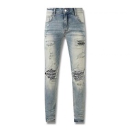 hjgggHOT14AMIRI สีน้ําเงินล้างน้ําบดสีขาว Micro Elastic Slim Jeans◌57hh
