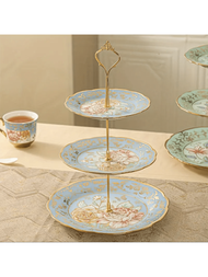 1只黃金鍍層歐式陶瓷三層水果盤,下午茶蛋糕架,客廳水果盤,甜品蛋糕座,家庭聚會婚禮派對用品,桌面裝飾