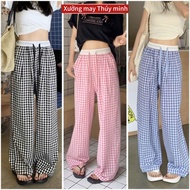 Women's plaid pants with white high waistband, wide leg, many basic colors, soft and cool material M