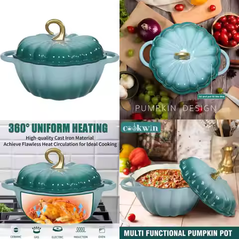 Enamel Cast Iron Dutch Oven, 4.5 QT, Cyan, Soup Pot, Serves 3-5, Ideal for Christmas and Thanksgivin