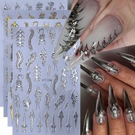 4pcs Y2K Futuristic Punk Style Line Nail Stickers, 3D Golden & Silvery Sparkling Thorn Vine Curves, 