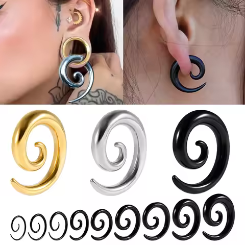 Pair-1PC Stainless Steel Black&Gold&Silver Snail Spiral Taper Flesh Tunnel Ear Stretcher Expander St