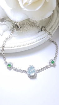 緬甸A貨翡翠冰起膠淡淡天空藍葫蘆7.6mm純銀鍍18k白鑲嵌手鏈