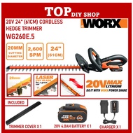 WORX WG260E.5 Cordless Hedge Grass Trimmer Grass Cutter 20V 61cm C/W 1x 20V 2.0ah Battery + WA3880 C
