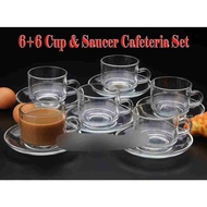 6 Pairs Classic Quality Glass Cup & Saucer 6+6 Cup Cafeteria Set Plain