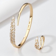 2026 Gold Plated Leaf Design Bracelet&Ring Set Sparkling CZ Inlay Open Ended Ideal for Elegant Occas