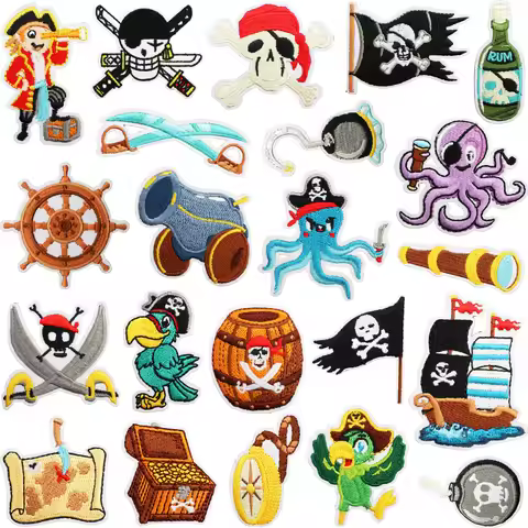 Cartoon Pirates Embroidered Cloth Appliques Crossbones Flag Treasure Rum Corsair Parrot Iron on Patc