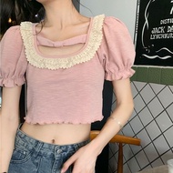 Half-sleeved T-Shirt Women Square Neck Half-Sleeved Puff-Sleeved T-Shirt Korean Version T-Shirt Women Pure Desire Style Hot Girl T-Shirt Square Neck Lace Top Short