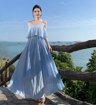 Blue Spaghetti Strap Vacation Dress for Women Summer Thailand Travel Beach Outfit Dopamine Beach Lon