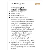 M1 Prepaid $28 Roaming Pack – 2 GB Data + 10 Min Calls | 17 Countries | Recharge (10 Days)