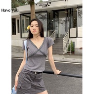 Korean chic Sweet Age-Reducing V-Neck Lace Half-Sleeved T-Shirt Women Summer Fungus Edge Slim-F