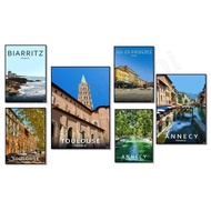 Travel Poster Print of Aix-en-Provence, Bayonne, Biarritz Castle, Toulouse, Annecy, Annecy River, Va