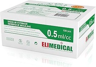 Elimedical Veterinary Insulin Syringe, U-100, 0.5cc (0.5ml), 27g x 1/2 inch (12.7mm), Individually P