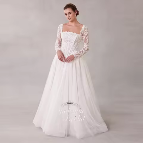 Opulentia Customized Square Collar Tulle Princess Wedding Dress Backless Floor Length Long Sleeves B