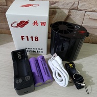 全新共田F118 腰頸兩用風扇，配套一風扇、一充電座、二粒4800mAh電芯、掛頸帶多充電線各一，適合戶外工作及行山人士使用