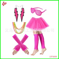 Halloween 80s Neon Theme Party Adult tutu Skirt Rose Red Leg Cover Long Fishnet Gloves Set Prom Cost