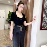 Sunday U-neck T-shirt, sexy stretch square neck T-shirt XX856 - NhiNhi Shop