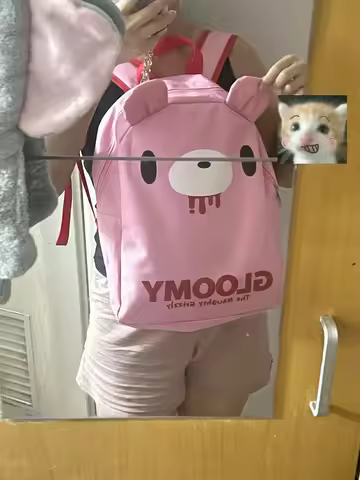 Pink Bear Graphic Backpack with 3D Ears, Casual Nylon School Bag for Teens