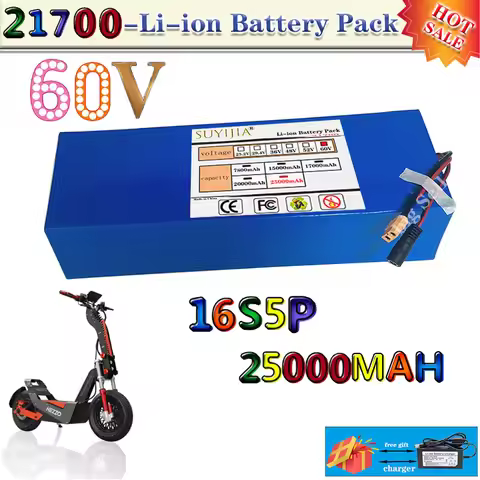 60V 25Ah 16S5P 21700 67.2V 100W-1500W lithium battery built-in 30A BMS 2A charger