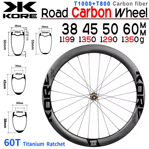 KORE 700C Carbon Disc Rims,38/45/50/60mm Wheelset ,60T Titanium Ratchet Hub,HG\XDR,24H,Tubeless,Road