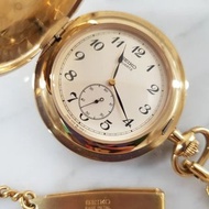 vintage 早期 SEIKO 小三針 中性  罕見 簡約高質感 金色懷錶 原廠不鏽鋼錶鏈／可自改項鍊錶