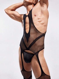 Los hombres europeos y americanos atraen la atención con Fishnet Bodystocking con encaje hueco para ropa íntima apasionada y sexy.