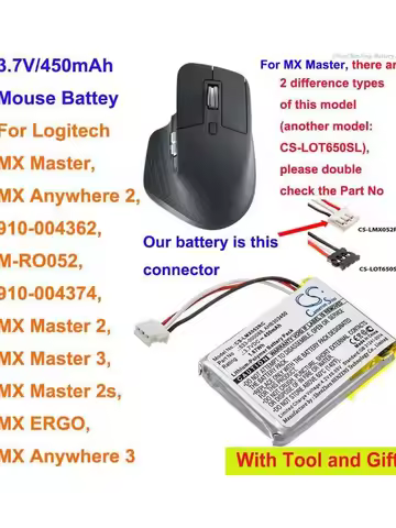 3.7V 450mAh Mouse Battery for Logitech MX Master 2,Master 3,Master 2s,ERGO,Master 3S,Anywhere 3/3S,M