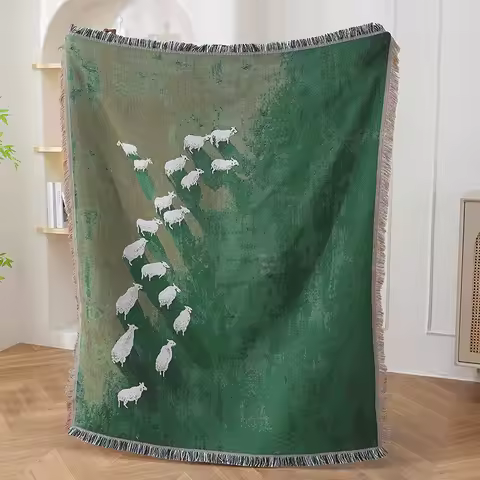 Textile City Sheep Herd Green Meadow Jacquard Woven Throw Blanket Whimsical Countryside Farm Animal 