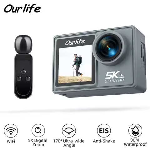 Ourlife Action Camera 5K30FPS IPS Touch LCD 30M Waterproof Anti-Shake HD WiFi 4K60FPS Sports Camera 