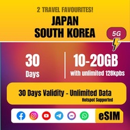 [JAPAN / SOUTH KOREA eSIM] 30 Days Japan, South Korea | 10GB to 20GB | Unlimited Usage eSIM
