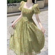 Lovito Boho Floral Ruched Embroidery Puff Sleeve Dress for Women LNE13097 (Green)
